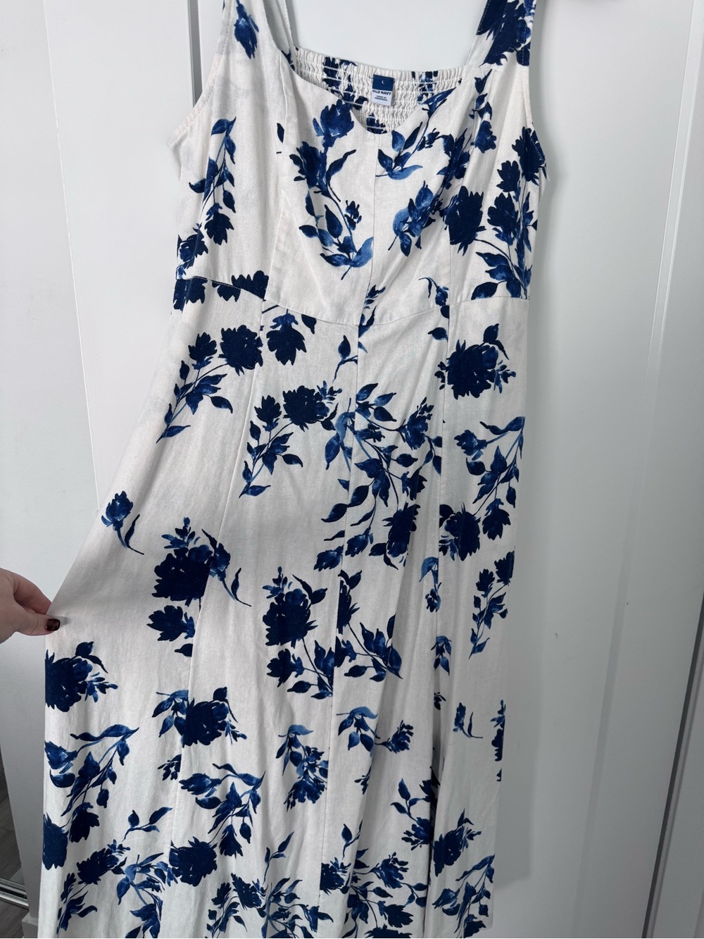 💙 Old Navy Blue Floral White Linen Maxi Dress Size L - Picture 4 of 5